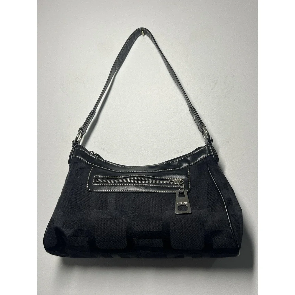 Y2K Nine West Black Canvas Shoulder Bag Purse Zip Top w/Silver Hardware 12x4x4